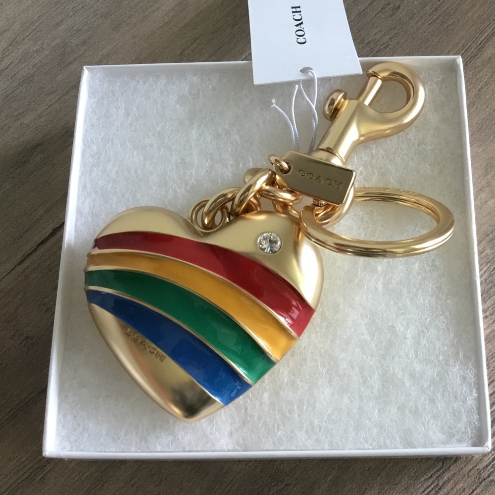 Coach Heart Bag Charm Keyring Rainbow Striped Legacy w/Crystal Accent NWT in Box - Picture 5 of 5